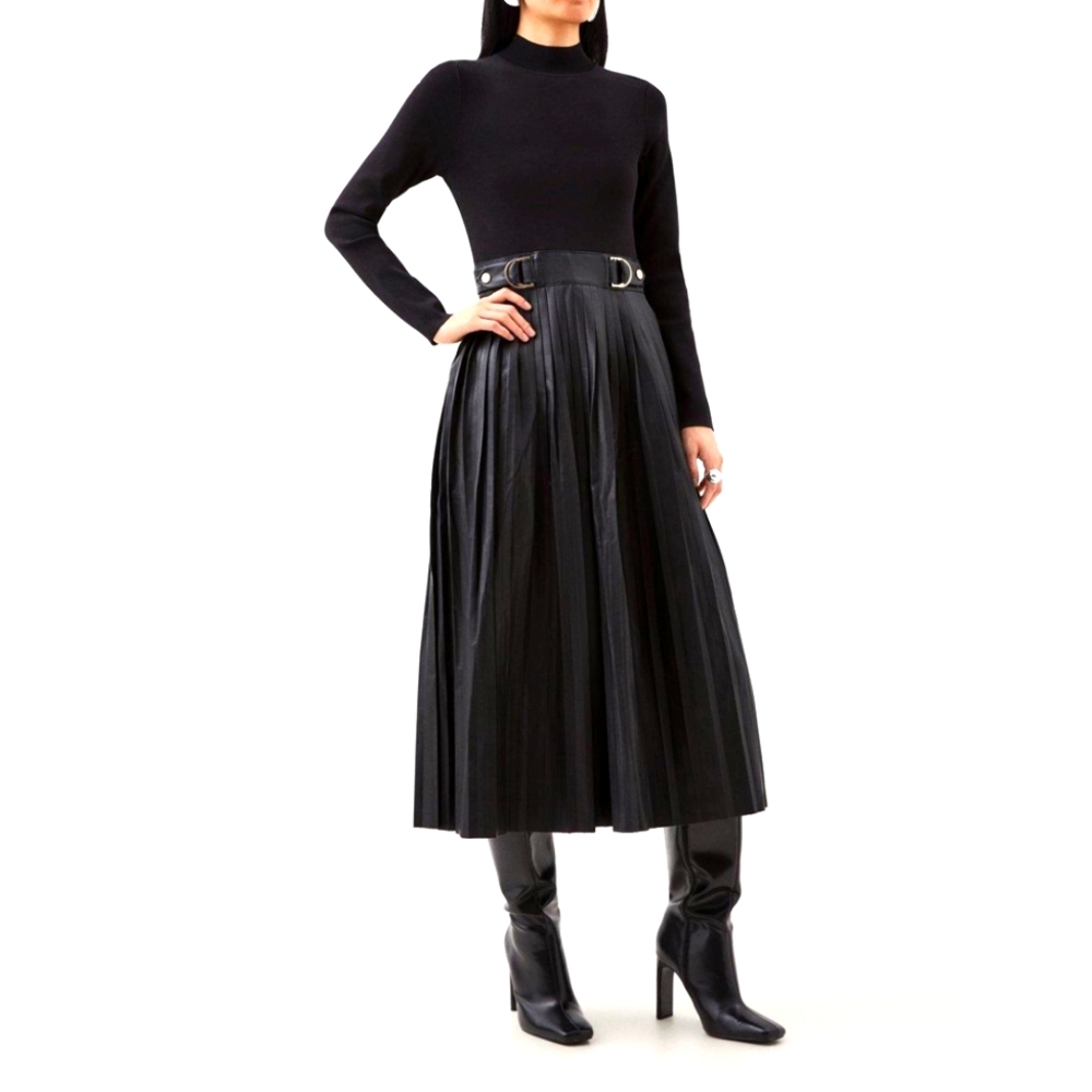 Karen Millen black knit pleated faux leather skirt Midi dress L